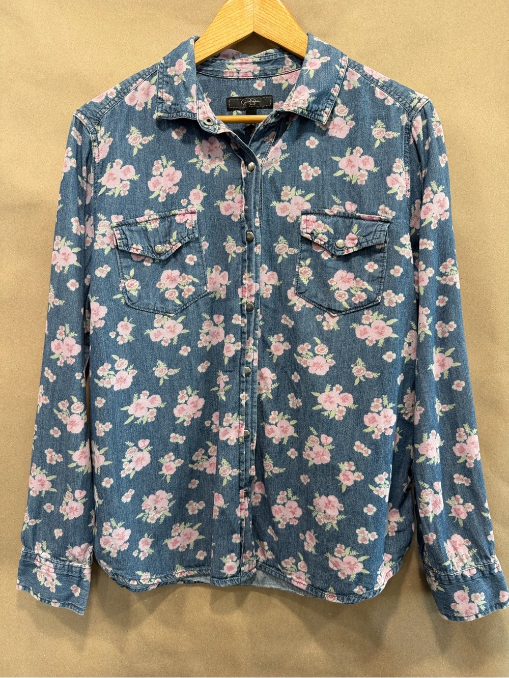 Jessica Simpson Pink Floral Denim Button-Down Shirt